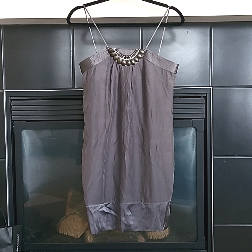 Magali Pascal 100% Silk Gray Mini Dress with Brass and Rhinestone, Size M